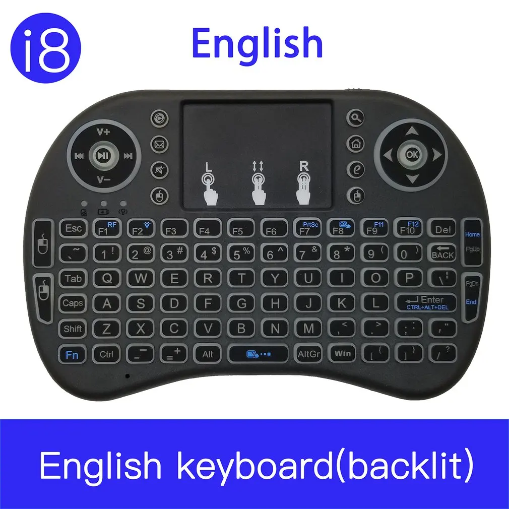 

Беспроводная клавиатура с подсветкой i8 Air Mouse, английская мини-клавиатура 2,4G с тачпадом, пульт дистанционного управления для ТВ-приставки
