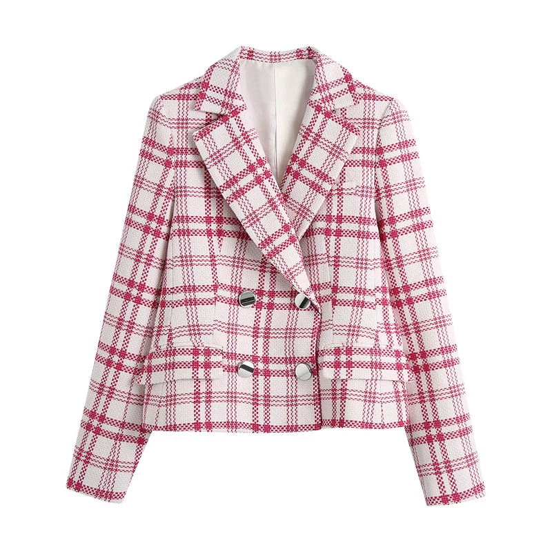 

Elegant plaid women blazer coat Causal long sleeve tweed coat short Office ladies pocket women suit blazer