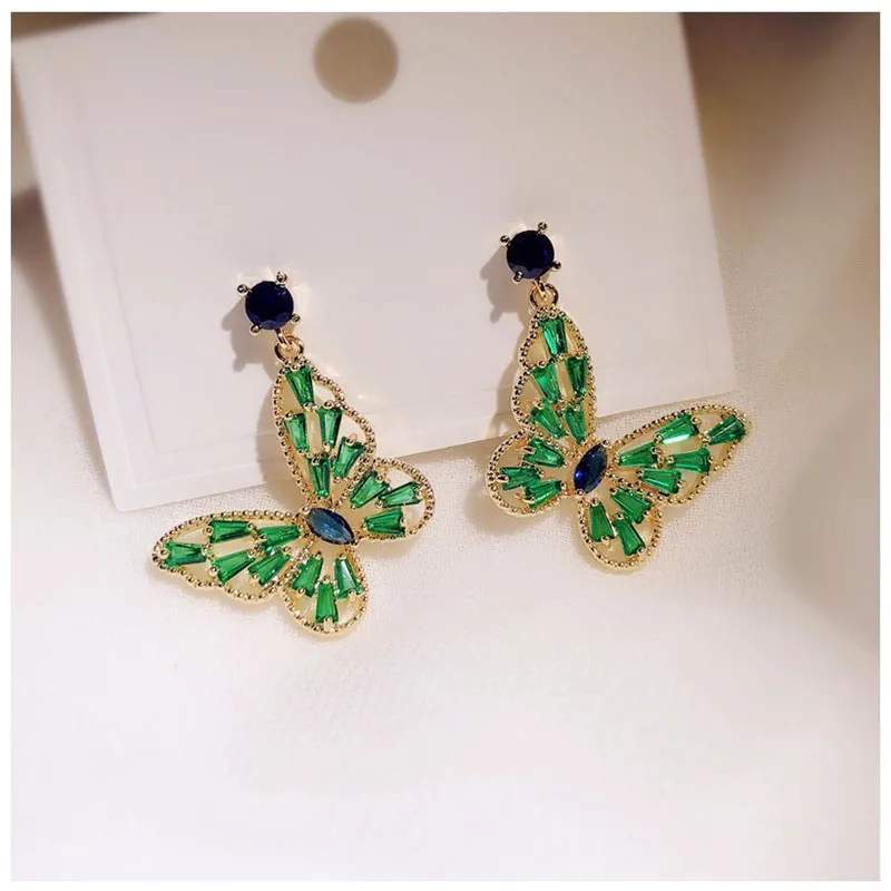 S925 Silver Needles Drop Earrings For Women Green/Pink Cubic Zirconia TButterfly Romantic Fine Jewelry Bridal Wedding Accessory