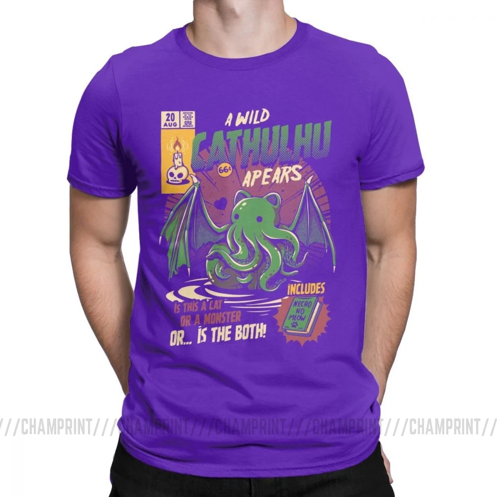 A Wild Cthulhu, футболки для мужчин, чистый хлопок, Повседневная футболка, кот, монстр, череп, Мультяшные топы, Милые Забавные футболки, Новое поступление - Цвет: Фиолетовый