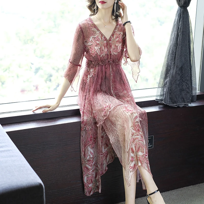 Модное женское летнее платье с v-образным вырезом и принтом Шелковое высокой