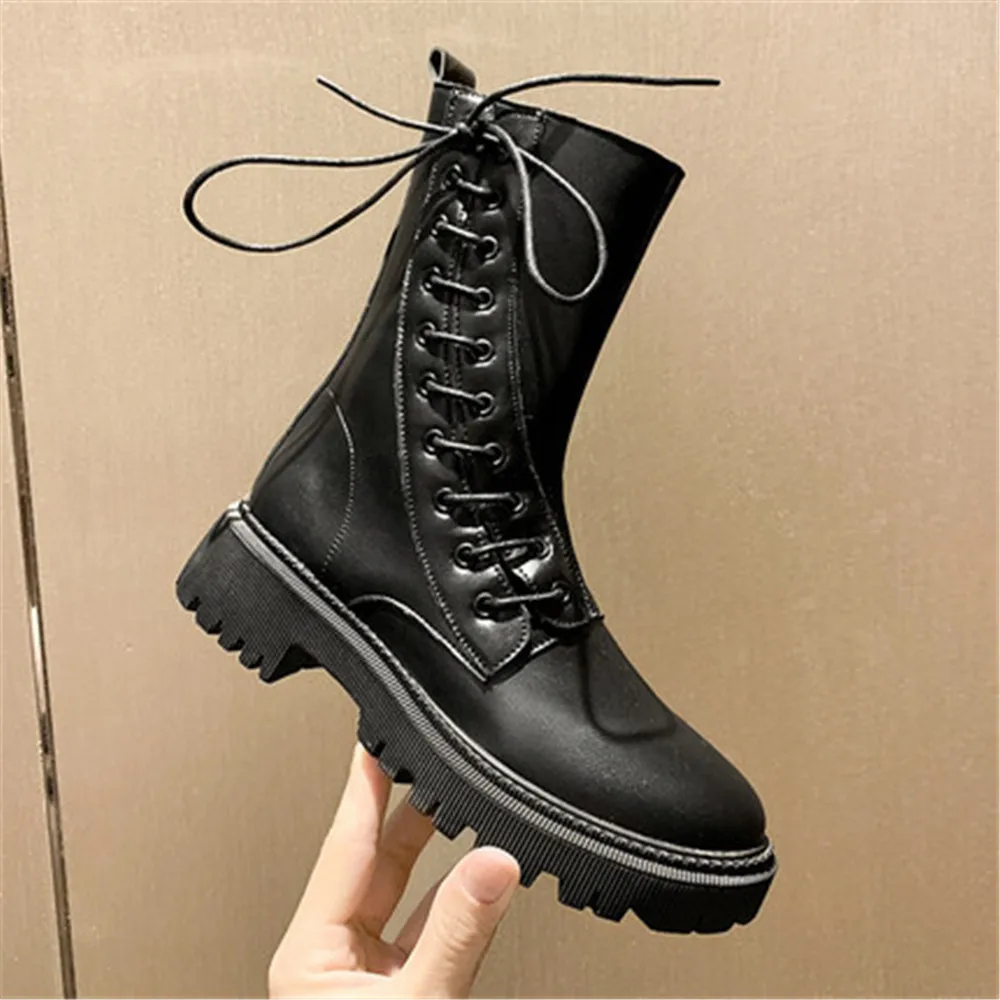 

2020 New Spring Patent leather Ankle Boots Women Motorcycle Boots Female Fashion Shoes Woman Thick Sole Punk Boot Black Eu 35-40
