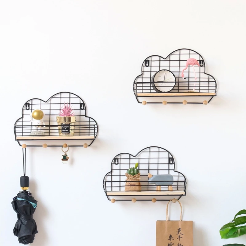 

Wall Mounted Floating Shelf Metal Grid Cloud Shape Storage Rack Home Decoration H3CC