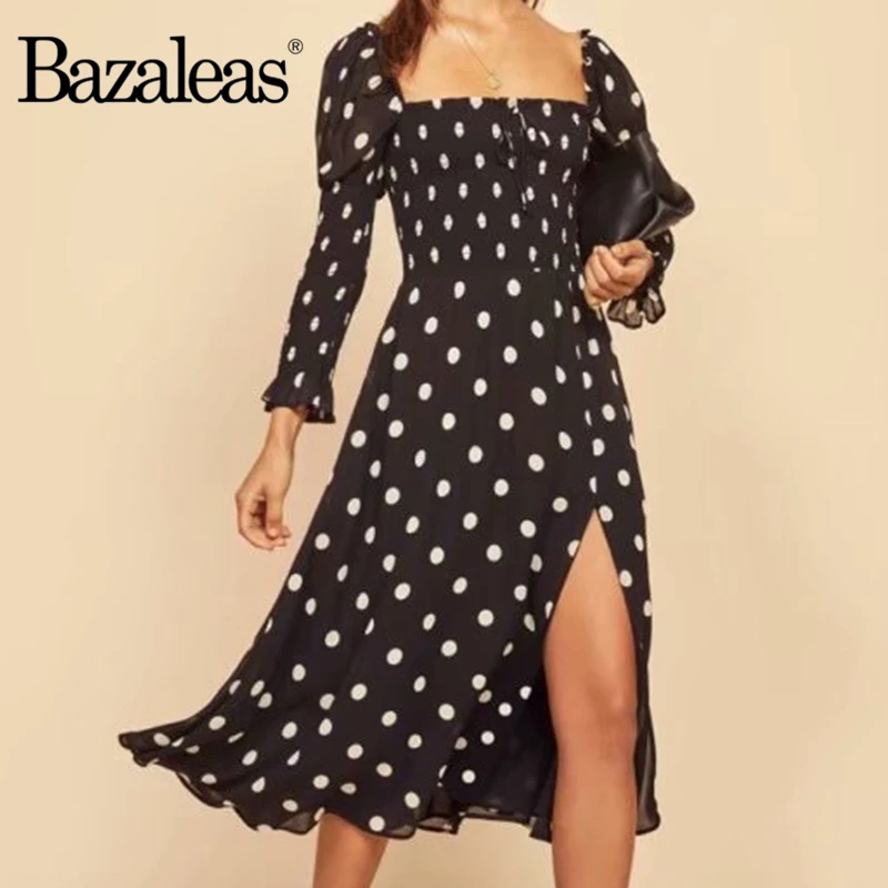Bazaleas Франция точка печати черный vestidos праздник расклешенный рукав Сплит