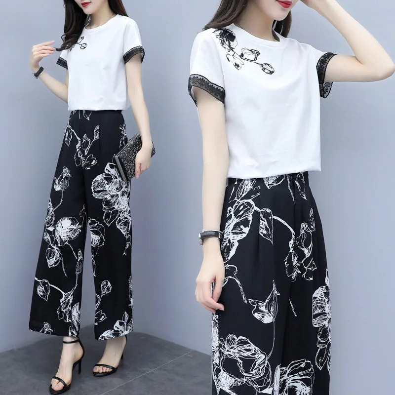 

Wide leg pants fashion women's summer printing Round collar T-shirt + pants high waist Foreign air thin leisure two-piece suit