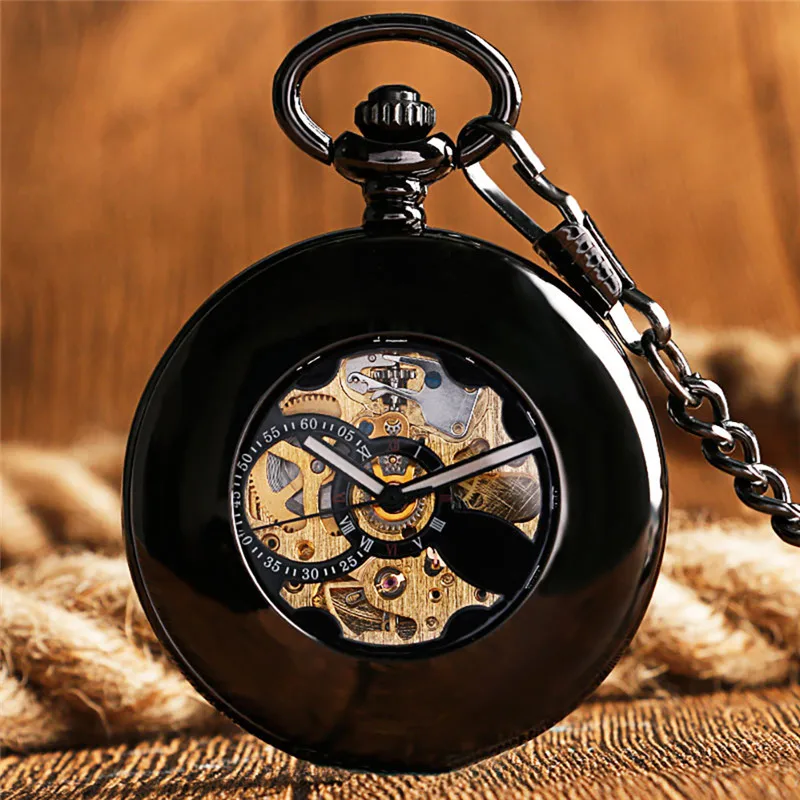 Steampunk Black Pocket Watch Smooth Case Half Hunter Automatic Mechancial Watches with Luminous Hands Pendant Skeleton Chain
