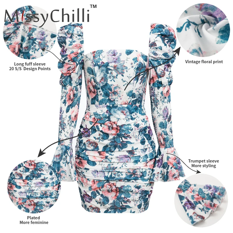 Женское облегающее платье мини MissyChilli винтажное с цветочным принтом и длинными