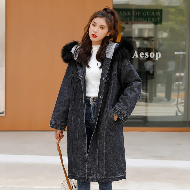 2019 черные длинные зимние женские джинсовые куртки базовое осеннее пальто с