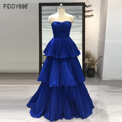Вечерние платья Королевского синего цвета для женщин, трапециевидная плиссированная вечерняя одежда без бретелек, длинные платья, многоярусная юбка, элегантное официальное платье LDC6600