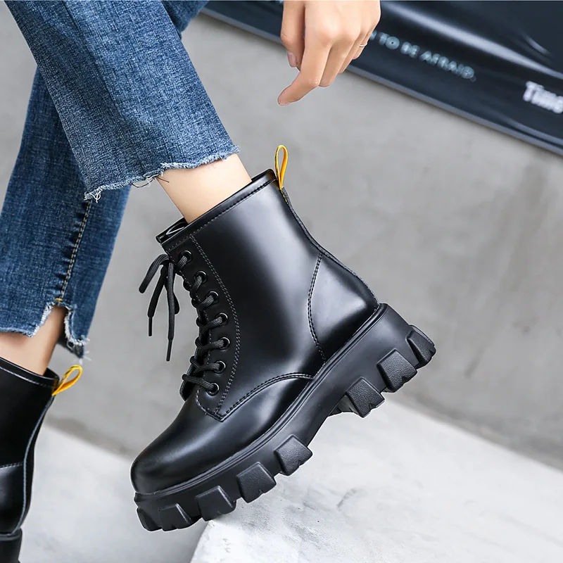 2019 Autumn Shoes Women Platform Martin Boots Real Leather Fashion Brand Female botas mujer Ladies Chunky footware Black | Обувь