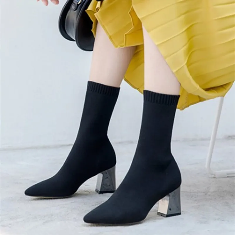 Ботинки EOEODOIT женские эластичные модные вязаные туфли-лодочки на высоком каблуке