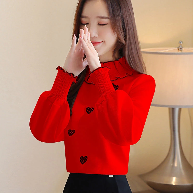 Women Spring Autumn Style Blouses Shirts Lady Casual Long Sleeve Turtleneck Heart Embroidery Blusas Tops DF3140 | Женская одежда