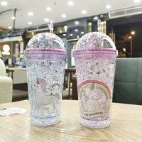korean cartoon cups double straw water cup girl student lovely portable personality iced cup cute water bottle for girls kawaii