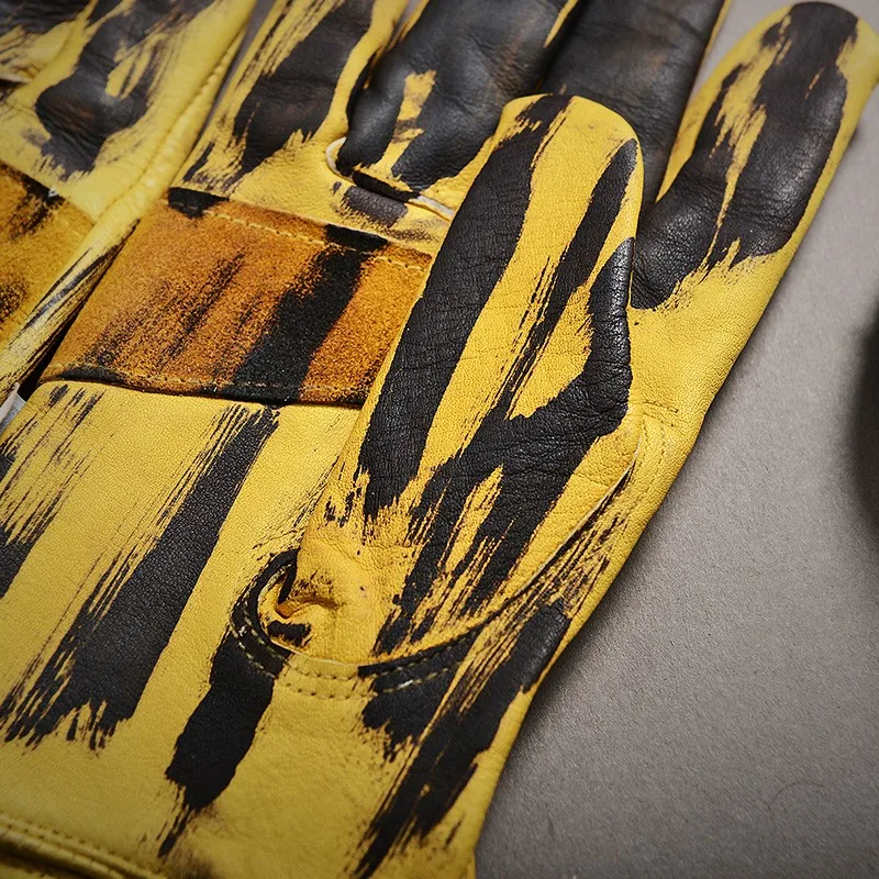 

Motorcycle Biker Men Winter Sheepskin Genuine Leather Gloves Warm Full Leather Driving Guantes Mujer Retro Yellow Riding Mittens