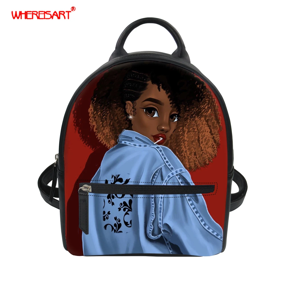 WHEREISART Women PU Leather Backpack College Rucksack Mini Travel Bag Afro Black Girls Teenager Sac A Dos 2019 | Багаж и сумки