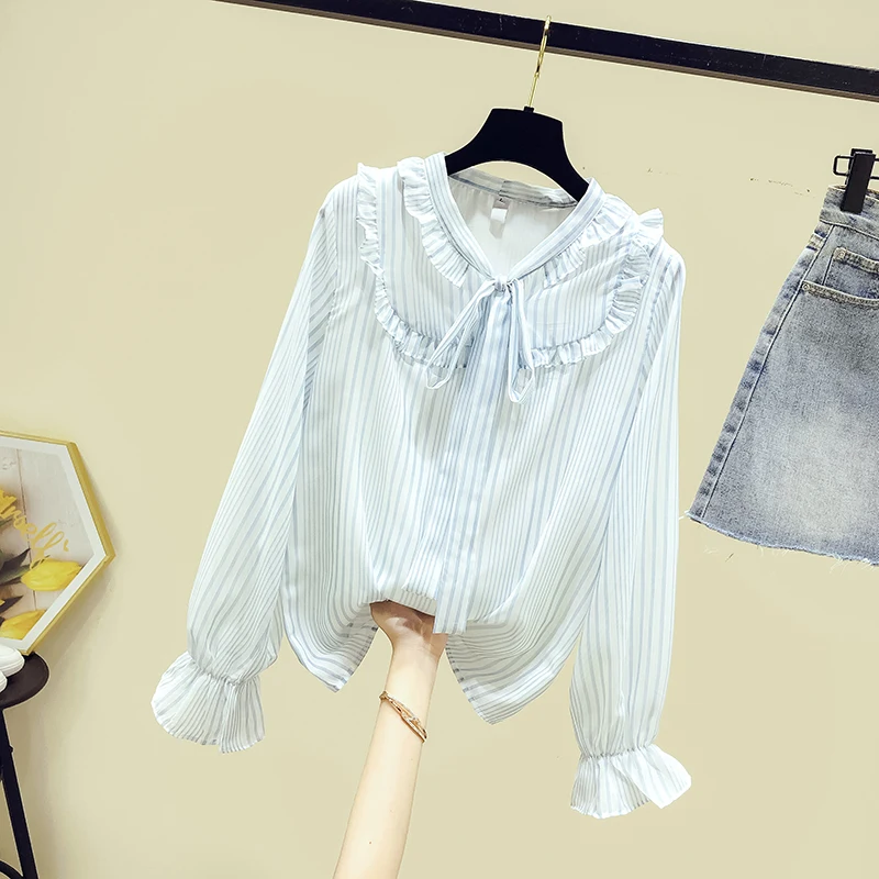 

New 2020 Autumn Fashion Women's Bow Ruffles Stripe Shirt Tops Long Sleeves Blouses Ladies Shirts A3803