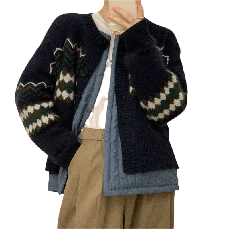 

Hirigin Girls Spring Long Sleeve Knitwear Ladies Geometric Printing Single-breasted Knitted Coat Casual Round Collar Cardigan