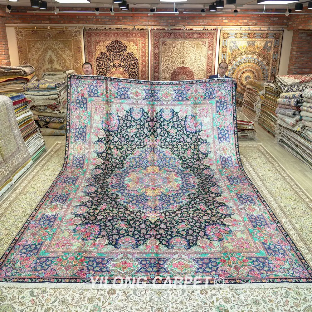 

10'x14' Vantage Persian Silk Rug Large Antique Blue Medallion Turkish Silk Carpet (TJ200A)