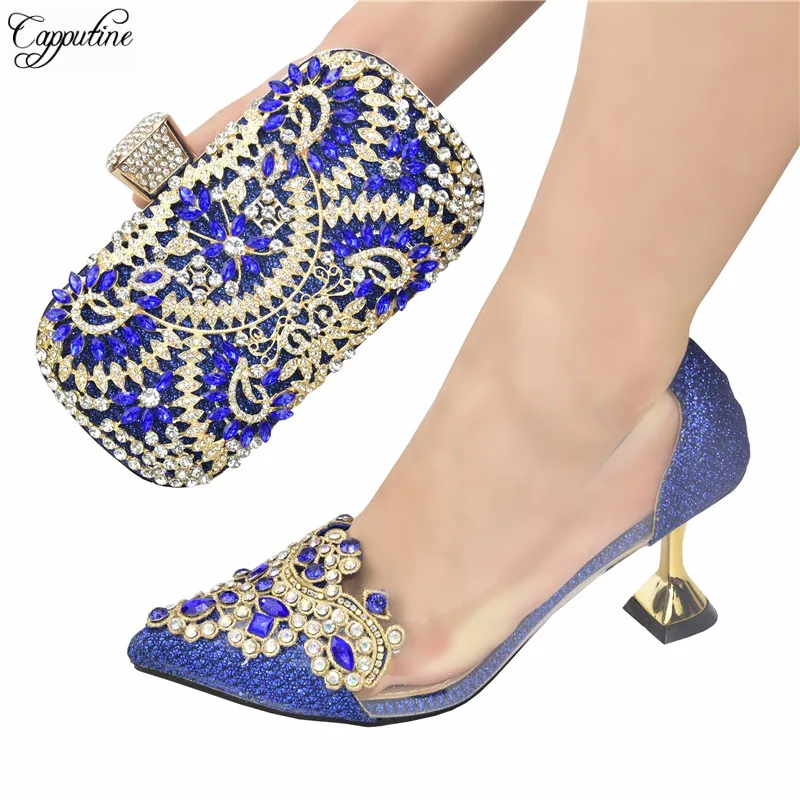 

Royal Blue Woman Shoes And Bag Set To Match Italian Design Ladies High Heels Pumps Handbag Clutch Purse With Stones 938-12 7CM