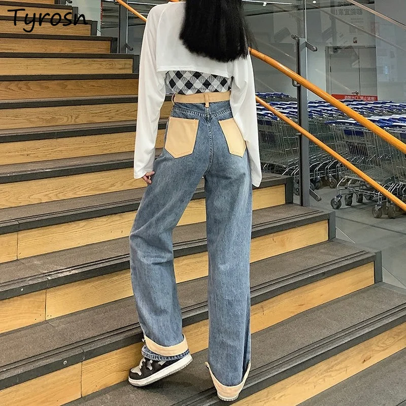 

Panelled Jeans Women Retro High Waist Jean Design Patchwork Pockets Streetwear Stretchy Button Fly Wide Leg Denim Trousers Mujer
