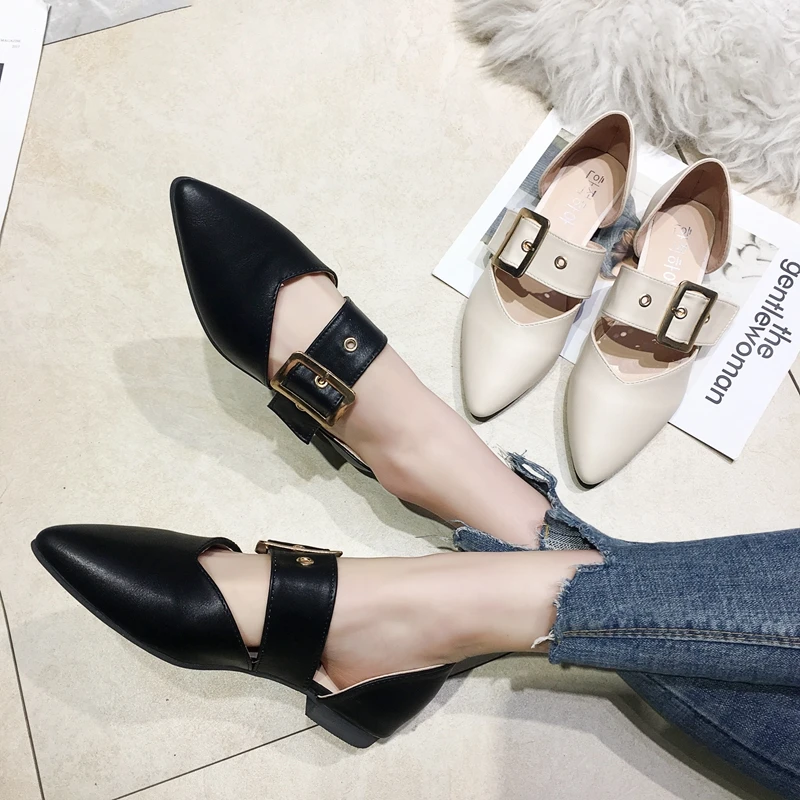 

DLEK PU Leather Pump Shallow Handmade Shoes Slip on Summer Metal Decoration Buckle Pointed Toe Strap Women Low Heels