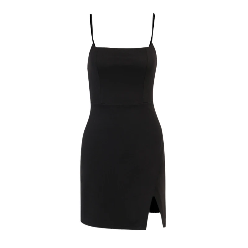 

WannaThis Sexy Women Dress Summer Black Cotton Mini Dress Solid Color Strap Bodycon Side Split Women Sexy Party Dresses 2021 New