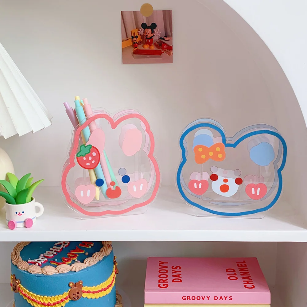 

Ins Kawaii Acrylic Pen Holder Desktop Organizer Creative Cute Bear Bunny Office Stationery Cosmetics Transparent Storage Box