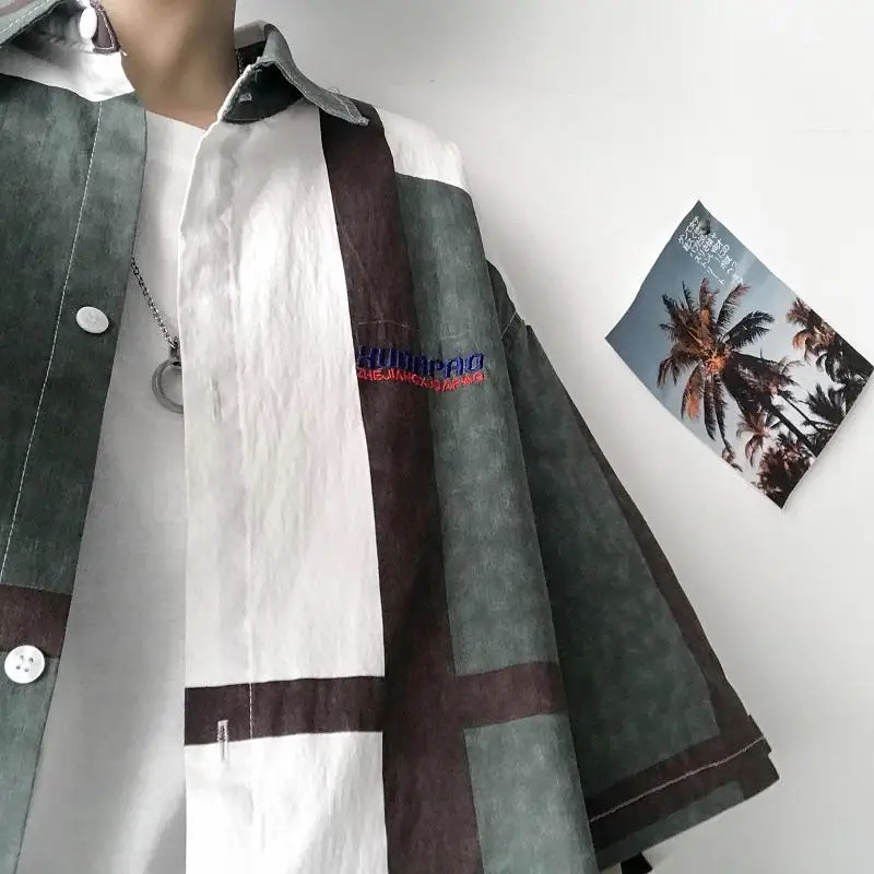 

Day department restore ancient ways to clash color shirt male trend summer short sleeves loose sleeve shirt of Han version hands