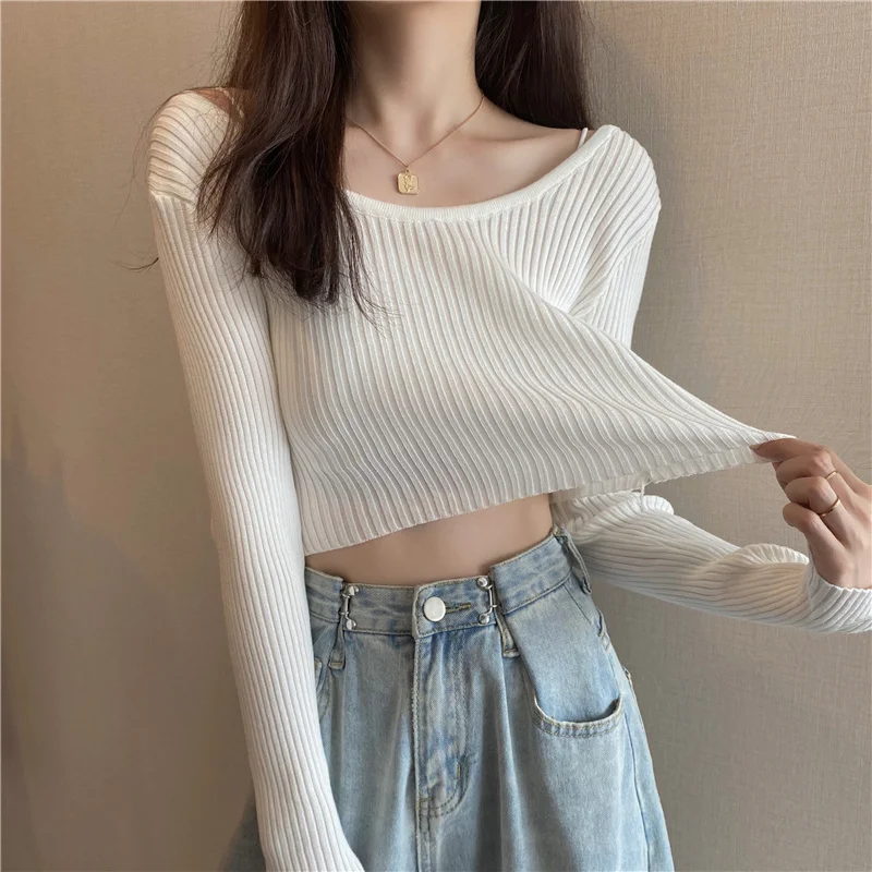 

Spring Autumn 2021 Purple Sweater Inner Sweater Women's Basic Thin round Neck Collarbone Crop-Top Short Top Rac
