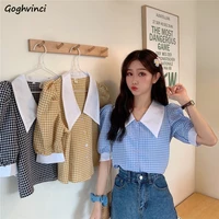shirt women 3 colors plaid students puff sleeve single breasted straight sweet female tops turn down collar preppy style retro