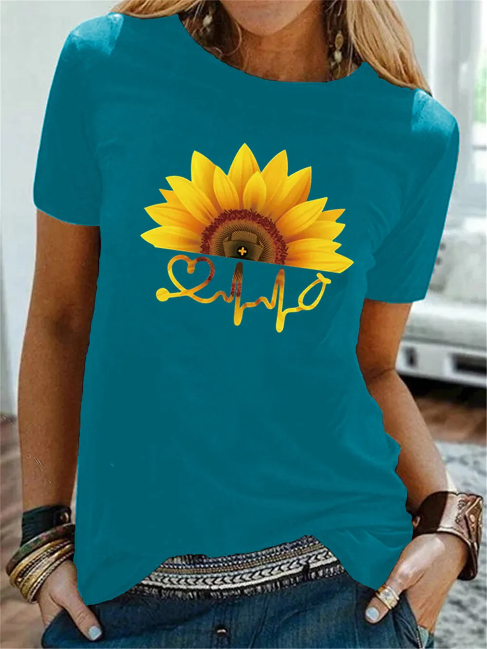 

Plus Size T-Shirt Sunflower Print TShirt Women T Shirt Female O Neck Short Sleeve Tee Summer Shirts Tops