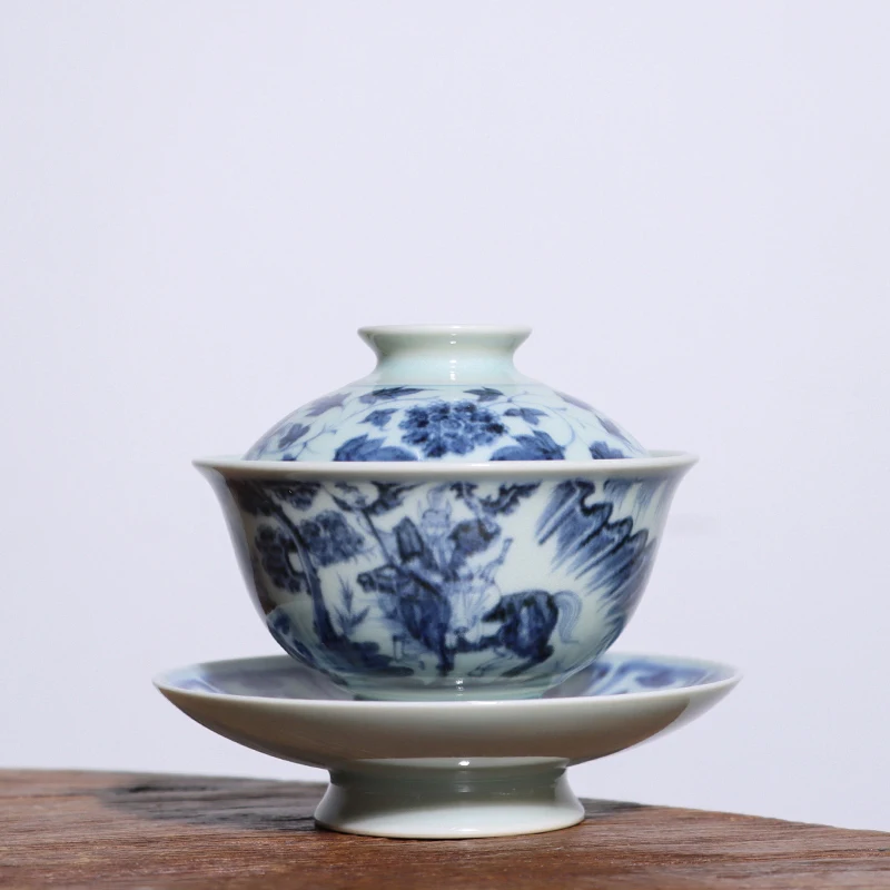 Guiguzi abajo la monta&ntilde;a habitaci&oacute;n creaci&oacute;n imitaci&oacute;n Ming azul y blanco dibujar a mano tres tueen-1