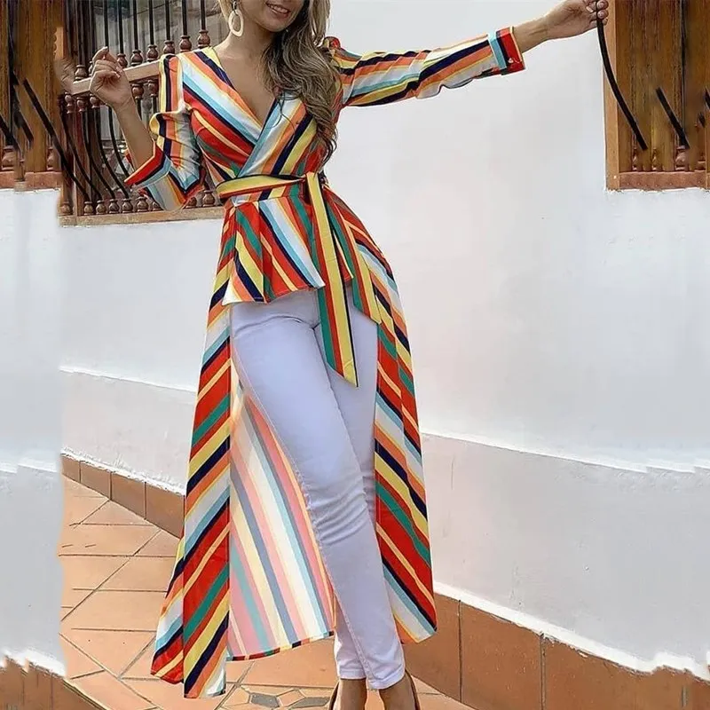 2019 женские Асимметричные повседневные блузки с оборками элегантные полосатые