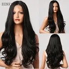 Генри MARGU синтетический Синтетические волосы на кружеве парик длинные волнистые черный парик с натуральных волос Для чернокожих Для женщин Косплэй ежедневно термостойкие