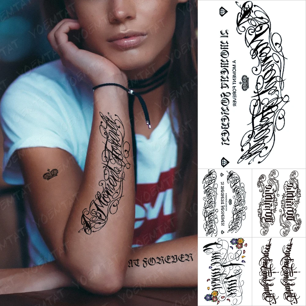 

Handwriting Font Waterproof Temporary Tattoo Sticker Text Word Chicano Lettering Body Art Arm Wrist Fake Tatoo For Women Men