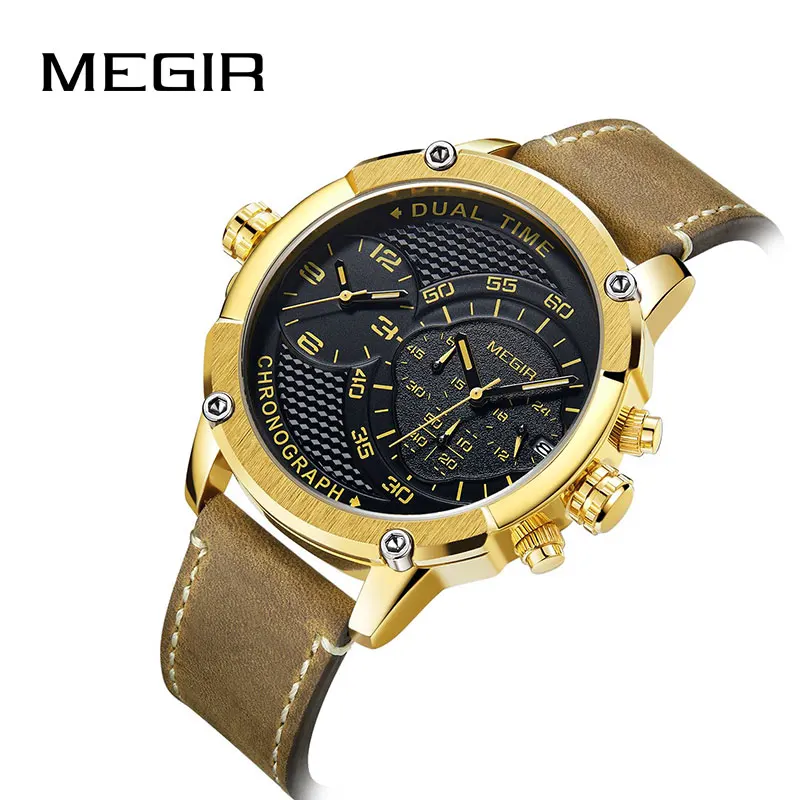 Хронограф megir спортивные кварцевые часы для мужчин с двумя часовыми поясами