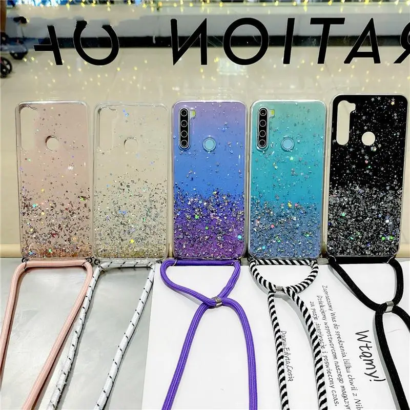 

Strap Cord Chain Case For Xiaomi Redmi Note 10 9 9S 8T 8 7 6 5 Pro 7A 8A 9A 9C Mi 10 T Poco X3 NFC F3 M3 Lanyard Glitter Cover