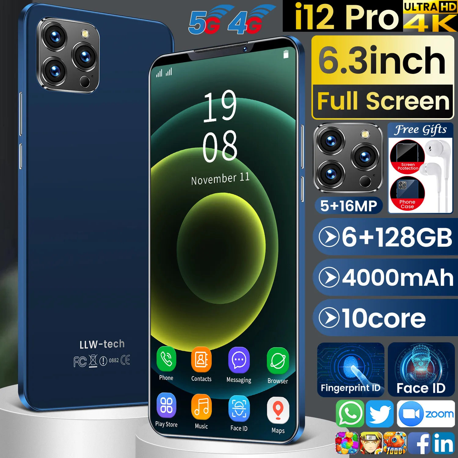 

i12 pro Smartphones 6.3Inch 4000mAh Mobile Phones 6+128GB 5MP+16MP HD Camera Android9.1 Dual SIM 4G 5G Global Version Cellphones