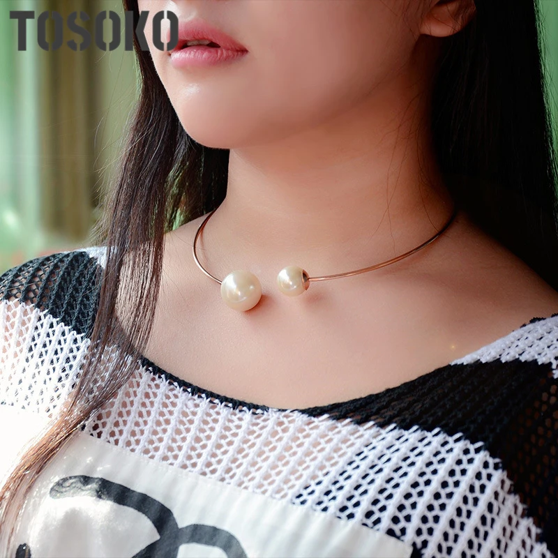 

TOSOKO New Wild Size Pearl Rose Gold Necklace Collar Exaggerated Titanium Steel Jewelry Pearl Necklace For Women