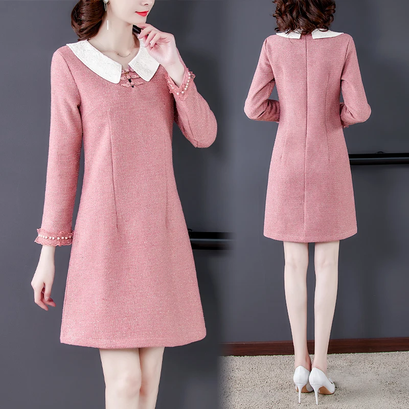 

COIGARSAM Women Dress Winter 2021 New Office Lady Long Sleeve Woolen Solid Peter Pan Collar Pink Dresses Traf Robe Vestidos