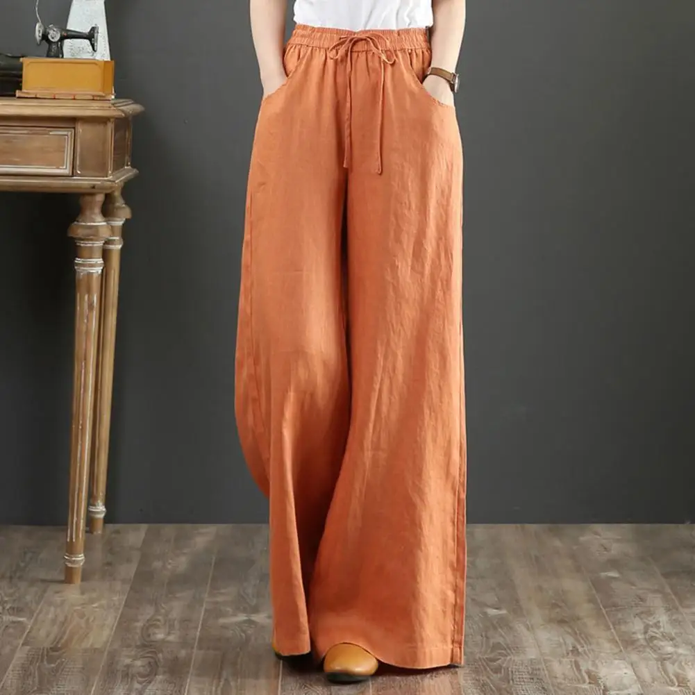 

Casual Women Solid Color Wide Leg Pants High Waist Pockets Loose Long Trousers