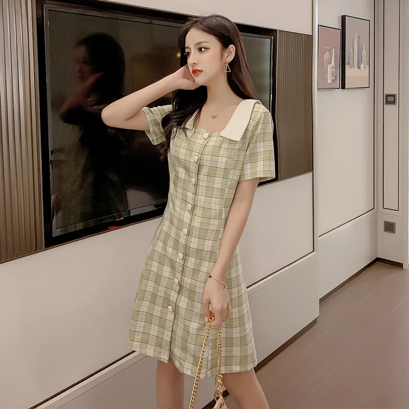 

COIGARSAM Short Sleeve Women dress New Summer Plaid Dresses Green Blue 5203