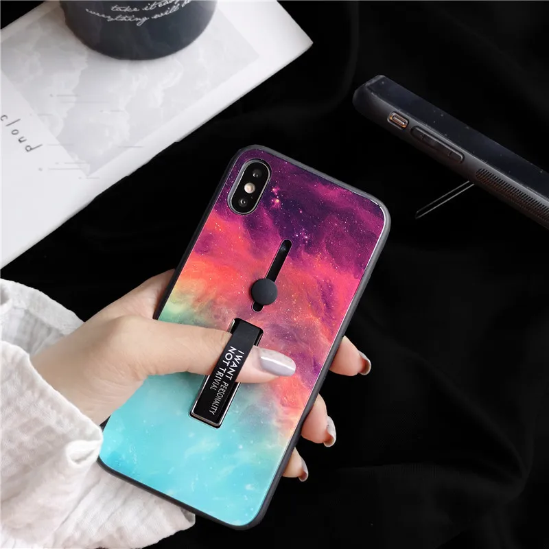 Case for IPhone 7 X XR 8 6S XS 6 Fashion Hidden Stand Starry Sky Loop Ring Cases Iphone Plus Glass Mirror |