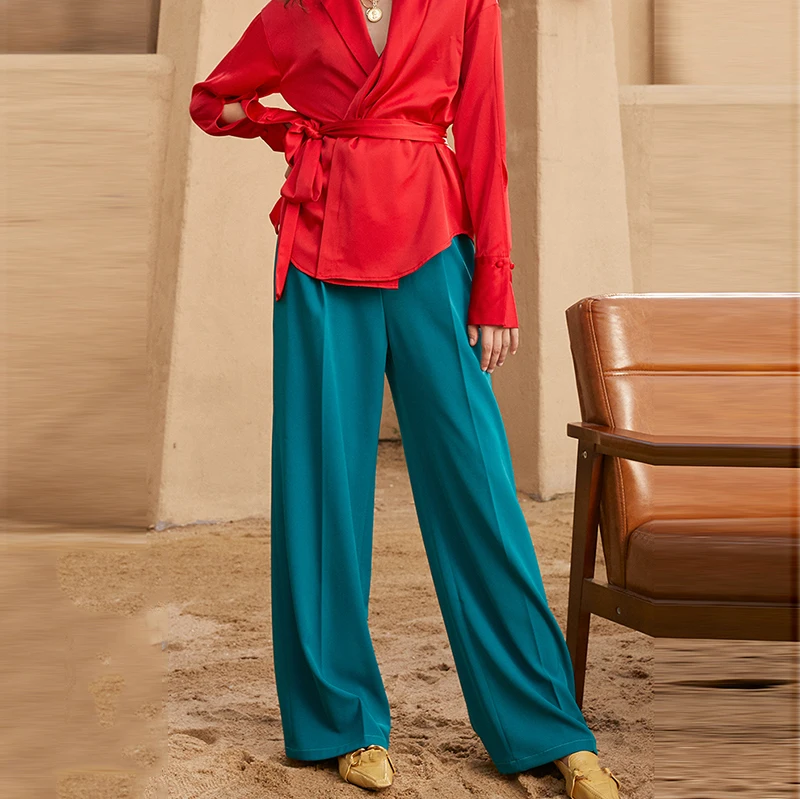 2020 New Color Contrast Plaid Women's Cropped Trousers PU Leather Asymmetrical Slim High Waist Women's Straight Casual Pants