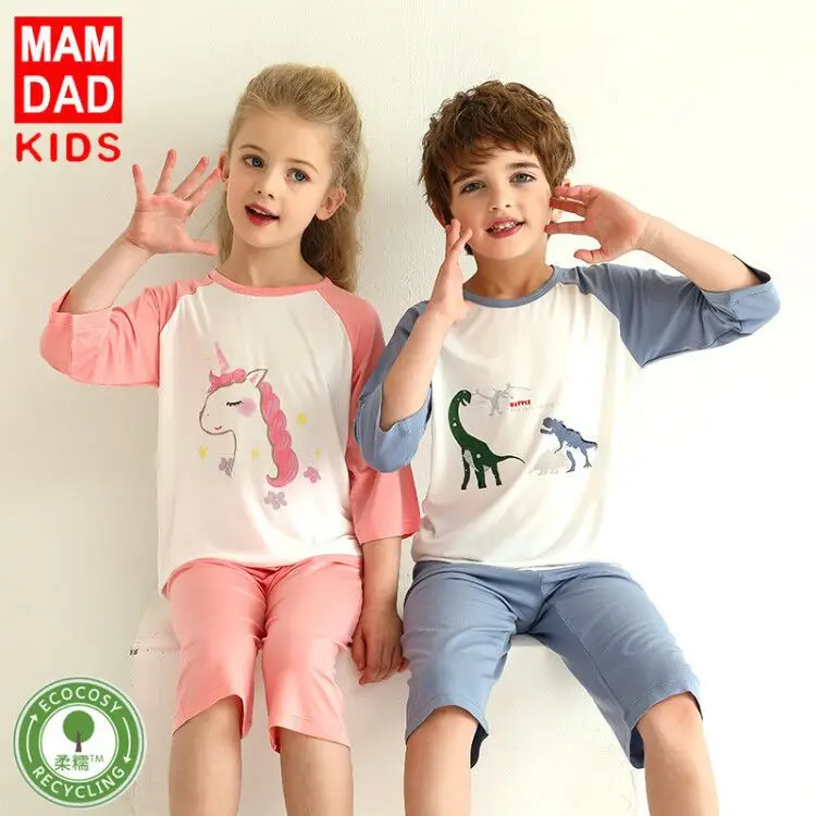 

Men's children's wear summer parent-child pajamas set foreign style children's short-sleeved shorts home service set summer thin