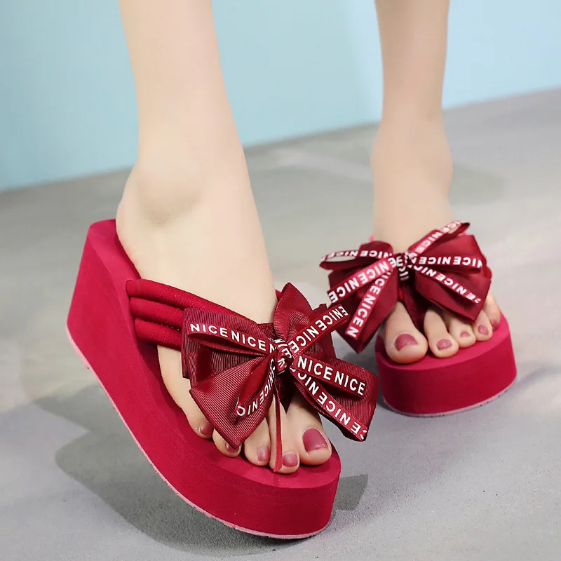 

2019 New Bowknot Slope Heel Herringbone Anti Slip Sandals Holiday Slippers Women's Summer Fashion Sandals