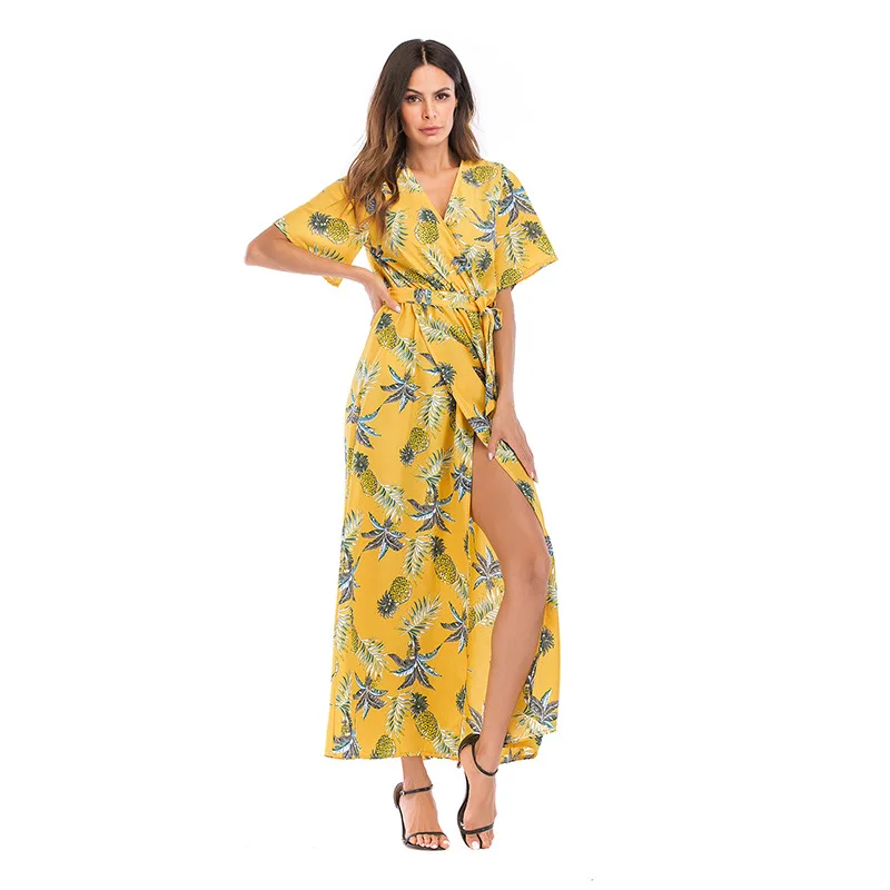 

Chiffon Maxi Floral Dress Women 2020 Casual V-Neck Short Sleeve Split Print Beach Party Dresses Female Sexy Sweet Ruffle Vestido