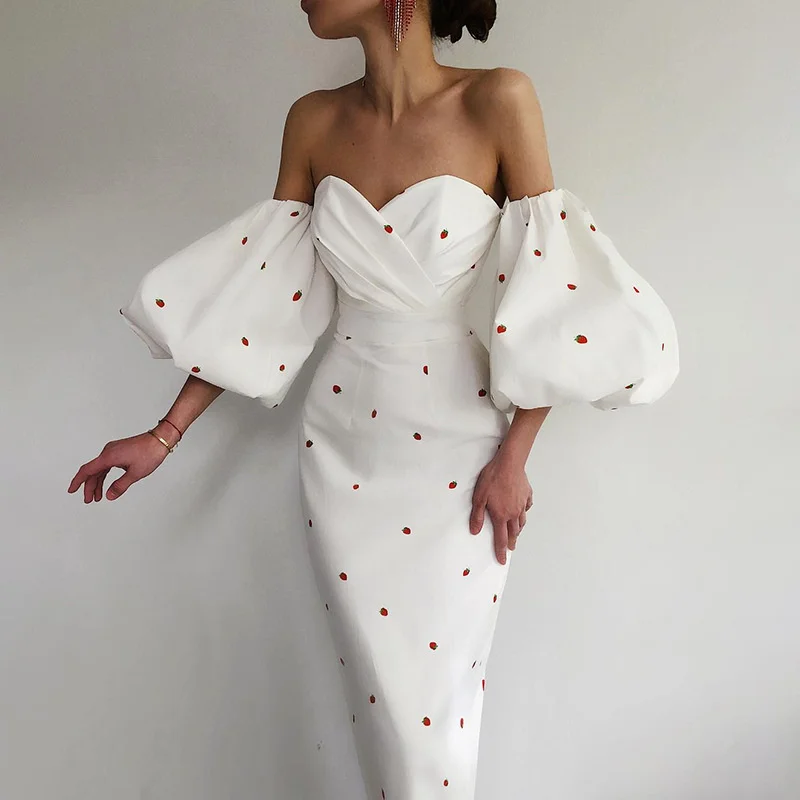 

Women Lantern Sleeve Strapless Print Mid Calf Dress Women Slash Neck Backless Split Strawberry Print Party Dress 2021 Fall
