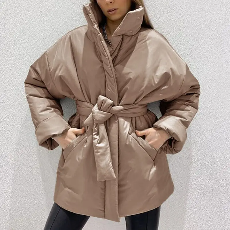 

Collected Waisted Simple Parkas Women Fashion Coats Women Elegant Spring Autumn Stand Collar Cotton Jackets Female Ladies