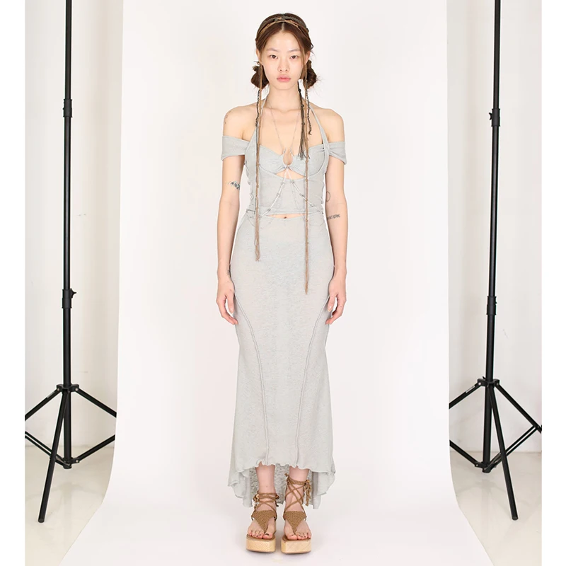 

2021 summer new functional structure personalized design slim chain dress long skirt